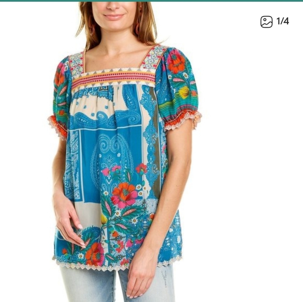 Johnny Was Blue and Multicolor Floral Blouse